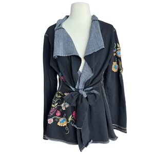 Women's Large Black Boho Floral Embroidered Cardigan Hippie Festival Anthro